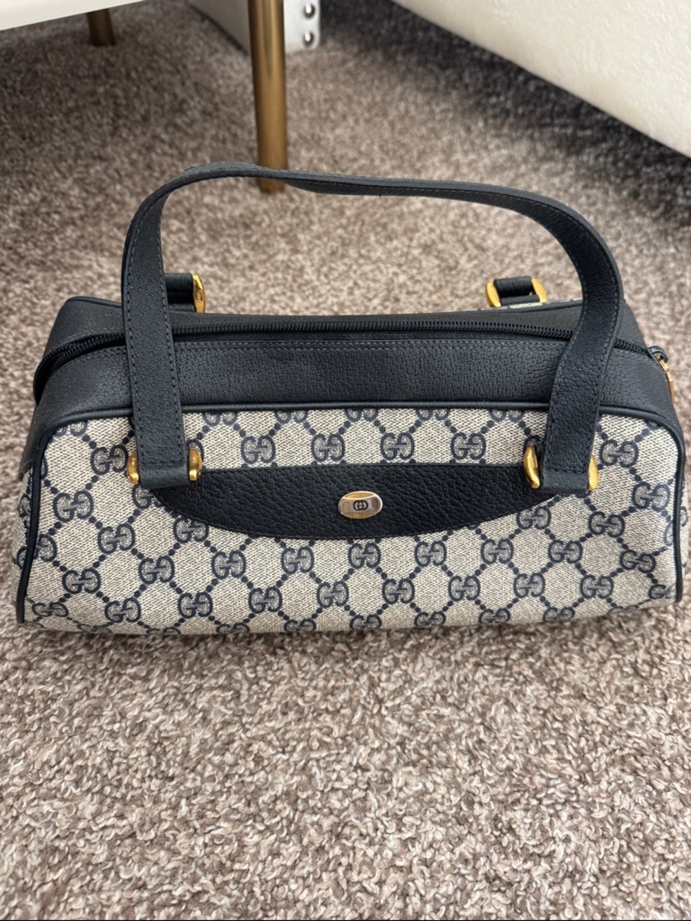 Gucci Beige/Black GG Canvas Shoulder Bag with Gold Hardware